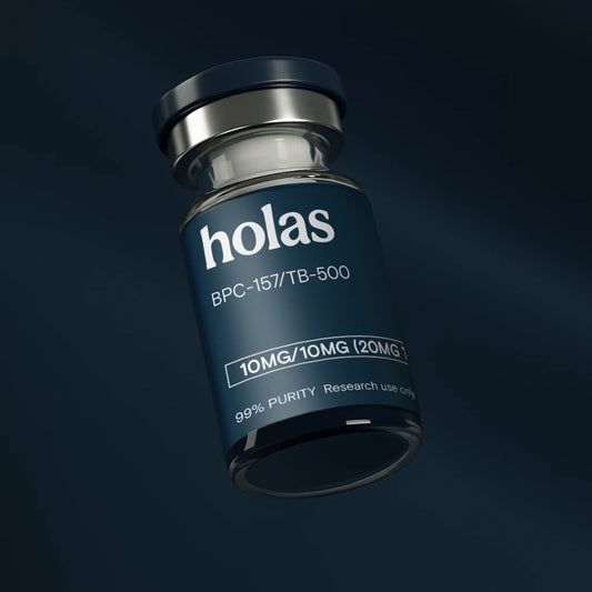 Holas BPC157 and TB500 peptide blend in a clear vial, showcasing the peptide powder for research and laboratory use.