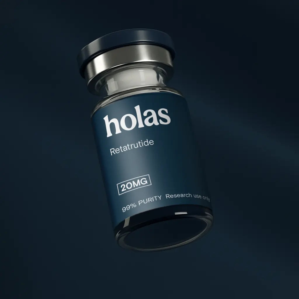 Holas Retatrutide peptide vial showing clear liquid in a glass container, labeled with product details for Holas Peptides.