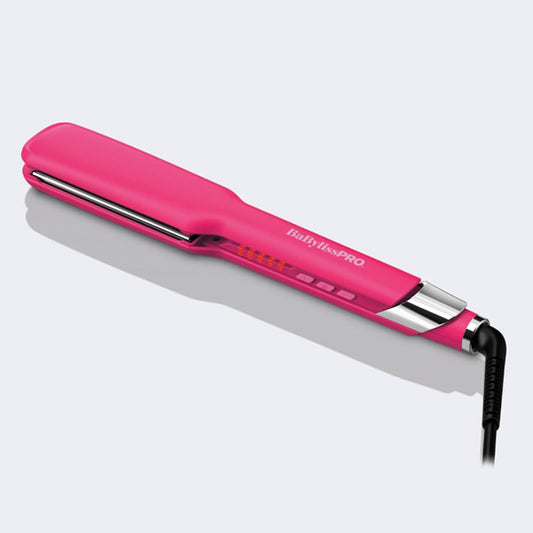 Babyliss Pro Nano Titanium Ultra-Sleek Straightener in hot pink, 1.5-inch ceramic plates for smooth, straight hair styling.