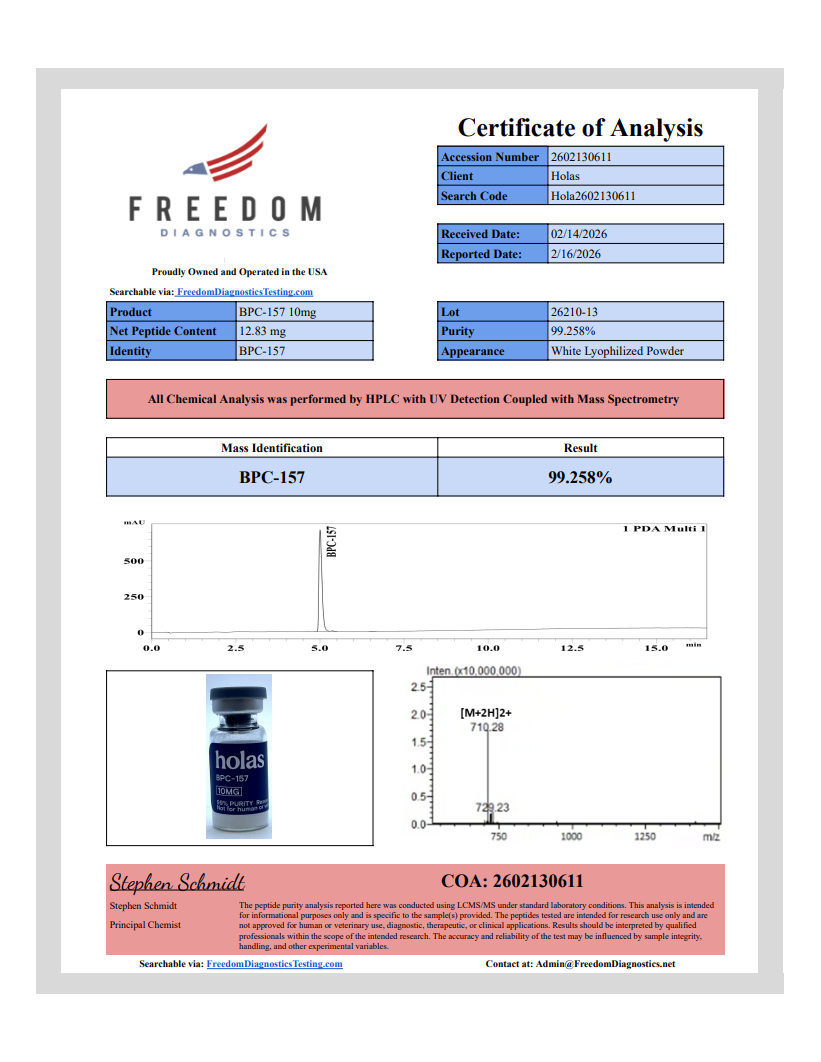Holas BPC-157 peptide vial labeled BPC157, a research peptide used for healing and tissue repair in scientific studies.