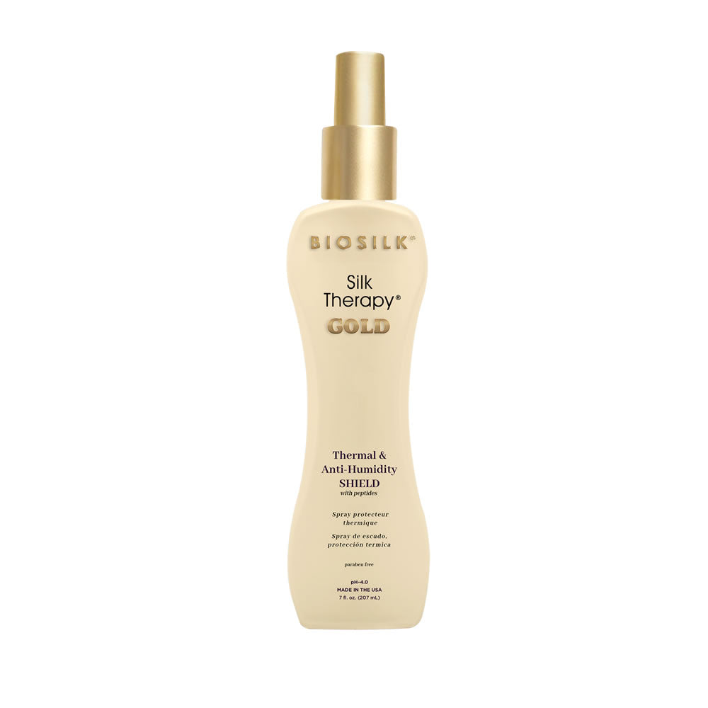 BioSilk Silk Therapy Gold thermal and anti-humidity shield styling product, 7 oz bottle