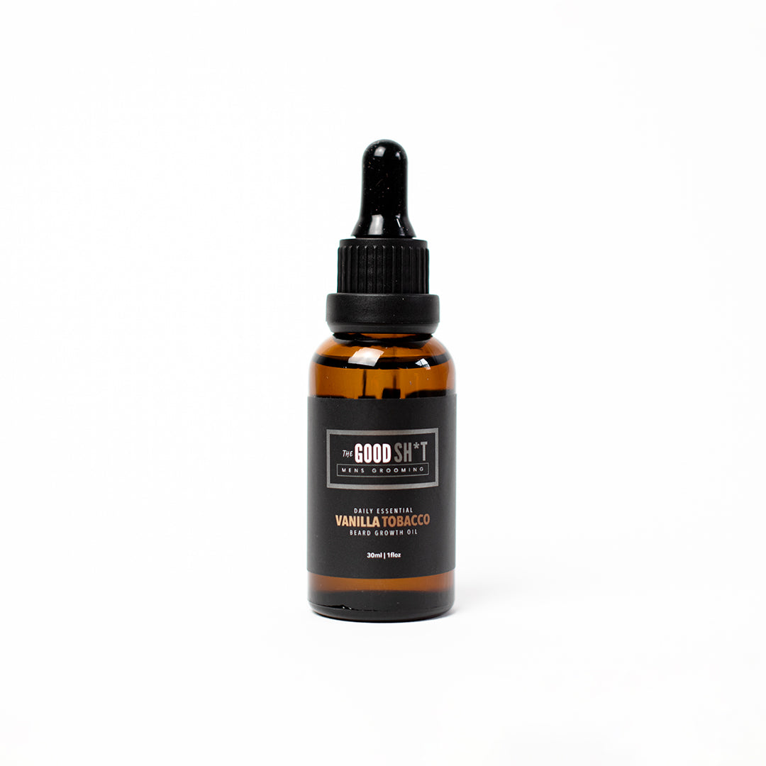 Beard growth oil by The Good Sh*t Men's Grooming featuring vanilla and tobacco scent in 1oz bottle for overnight beard care.