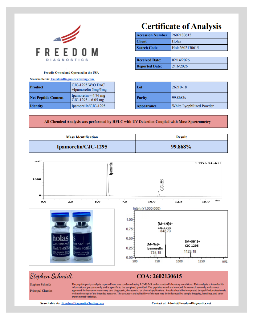 Holas CJC1295 without DAC peptide vial, clear glass container with label, used for peptide therapy and research purposes.