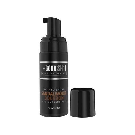 Beard wash bottle from The Good Sh*t Mens Grooming with black and white label, 5oz size, for beard cleansing and grooming.