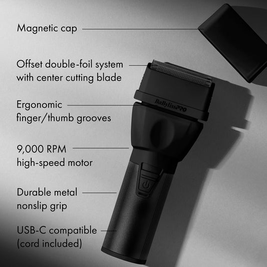 Babyliss Pro CoreFX Shaver in black with ergonomic handle and precision foil for close, smooth shaves.