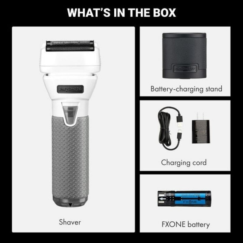 Babyliss Pro FXONE FrostFXShaver with frosted finish, showcasing the professional electric shaver's details and sleek design.
