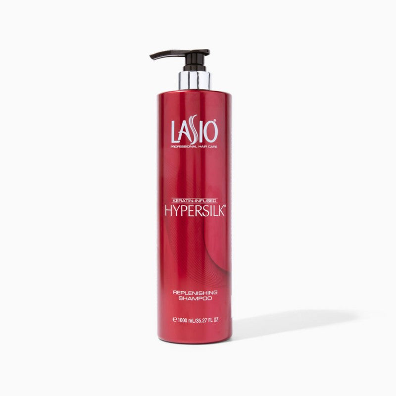 Lasio Hypersilk Replenishing Shampoo bottle, 35 oz, for nourishing and strengthening hair with a silky, revitalizing formula.