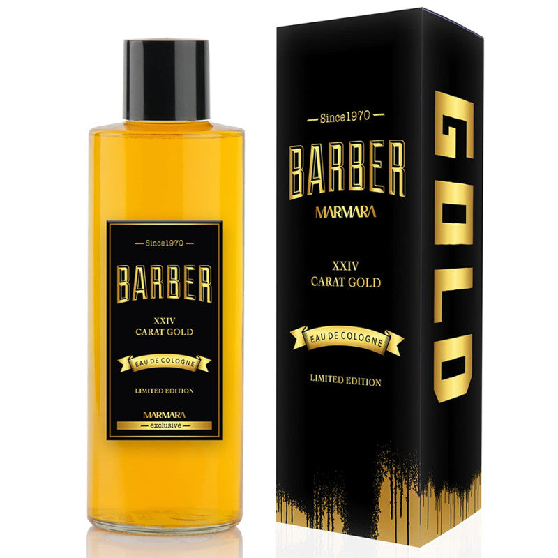 Marmara Barber Aftershave Cologne Gold in 500ml bottle with box, featuring a sleek design and gold accents.