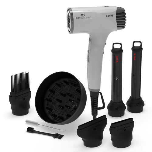 Olivia Garden JetHP high-performance compact hair dryer with black and silver design, lightweight and professional styling tool