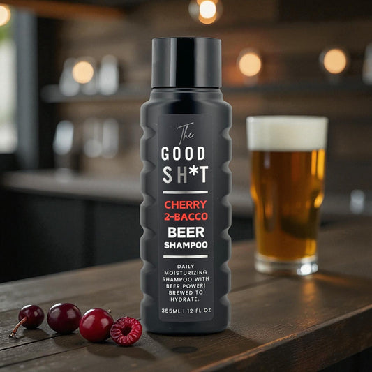 The Good Sh*t Cherry 2-Bacco Beer Shampoo bottle, 12oz, for men's grooming, featuring a sleek black label with cherry imagery.