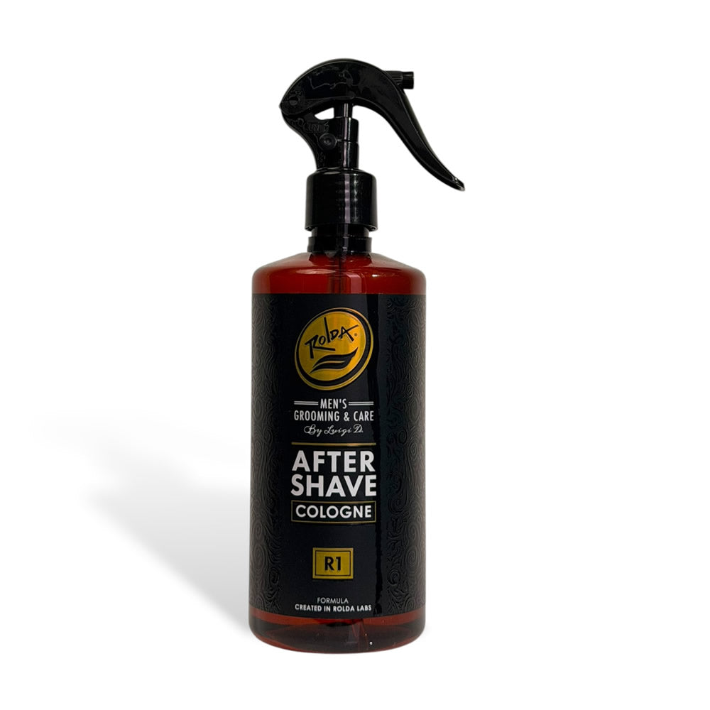 Rolda R1 aftershave cologne bottle with sleek design and label, 14oz size, on a clean background.