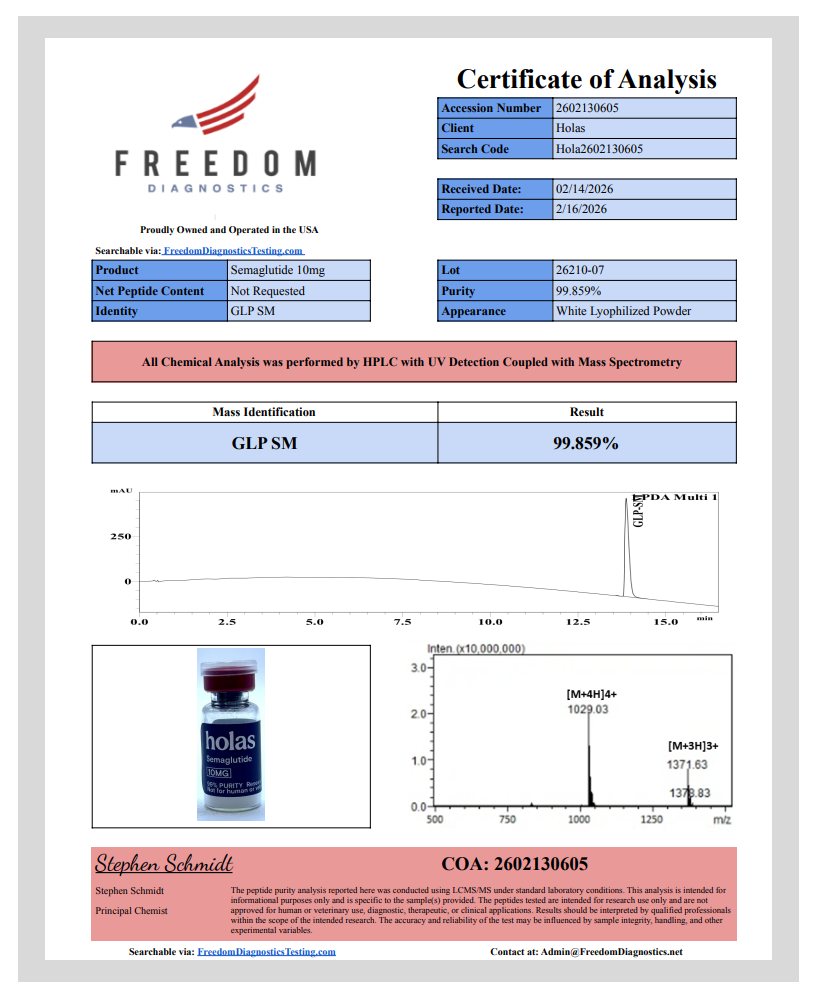 Holas Semaglutide peptide vial labeled SEMAGLUTIDE for injectable peptide therapy, shown in the image.