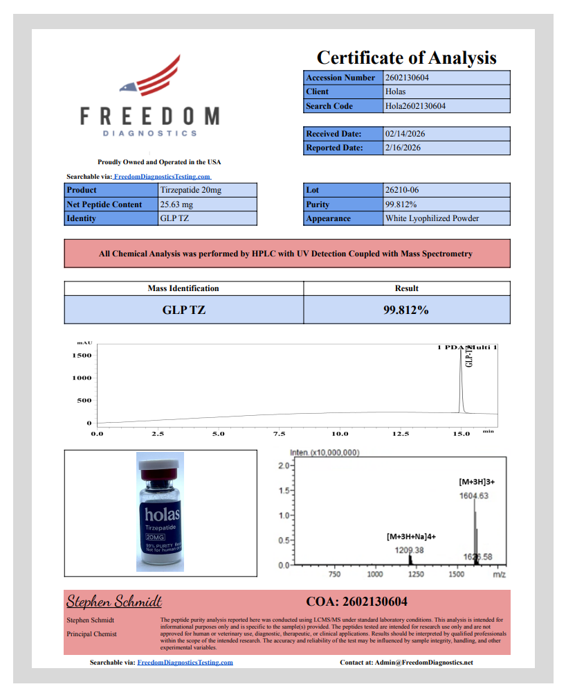 Holas Tirzepatide peptide vial labeled with product name, used for medical or research purposes in peptide formulation.