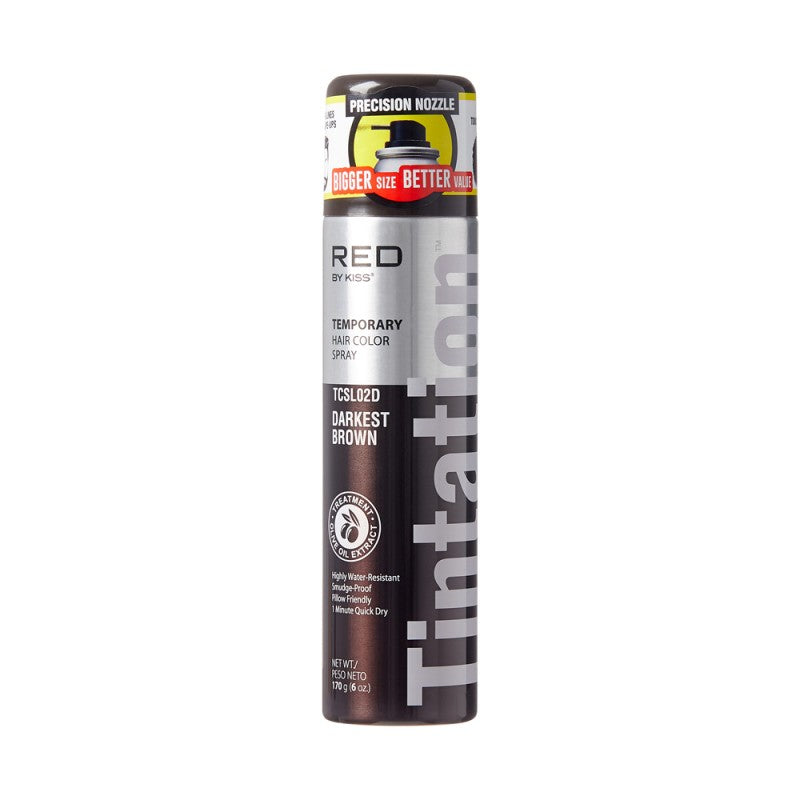 Kiss Tintation dark brown semi-permanent hair color spray in 6oz bottle, enhancing hair color with easy application.