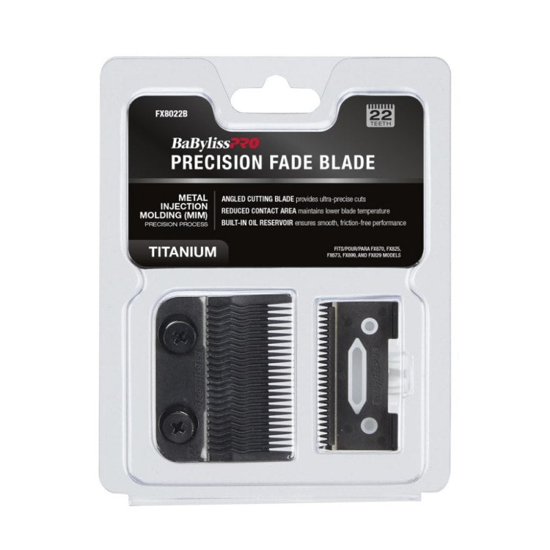 Babyliss Pro black titanium MIM precision fade blade FX8022B with a sleek design for smooth, precise hair cutting.