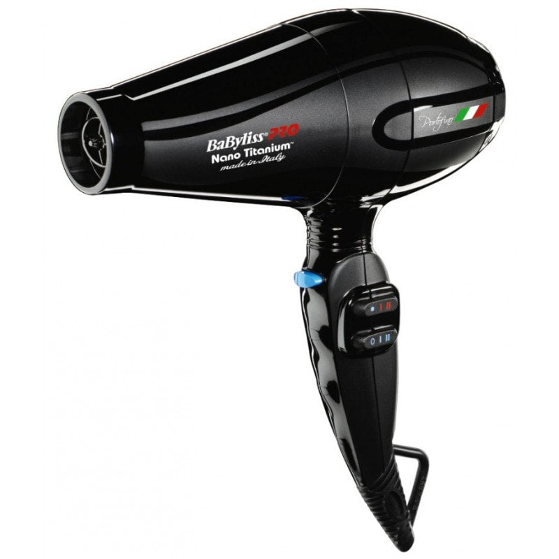 Babyliss Pro Nano Titanium Portofino Hair Dryer in black, lightweight professional styling tool with a sleek design.