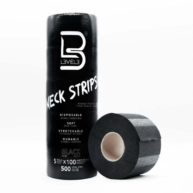 Black L3VEL3 neck strip made of durable material, designed for professional grooming and barbering use.