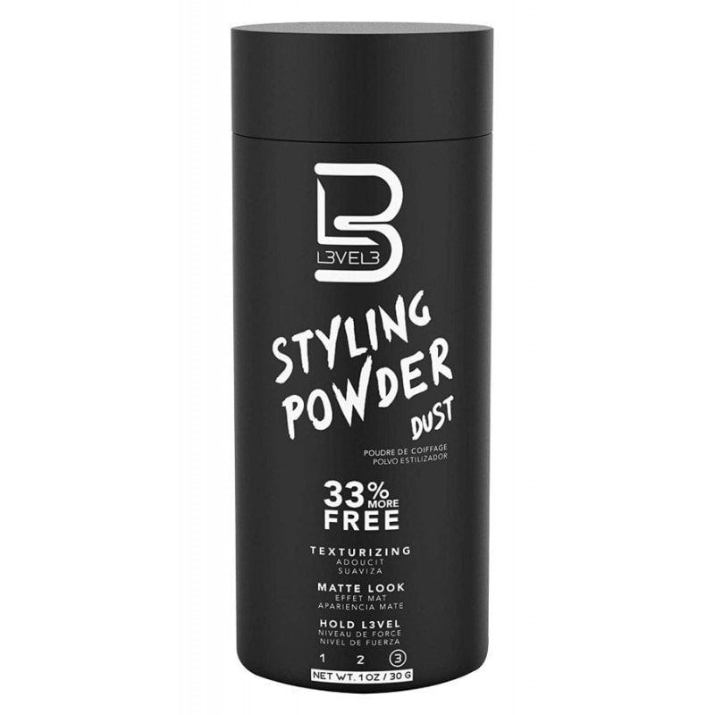L3VEL3 Styling Powder 1oz container with a sleek design, ideal for adding texture and volume to hair.