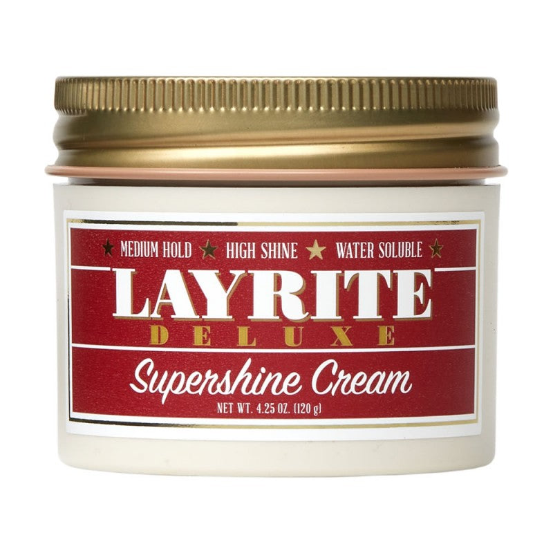 Layrite Deluxe Supershine Cream 4.25oz in a sleek jar, ideal for achieving glossy, styled hair.