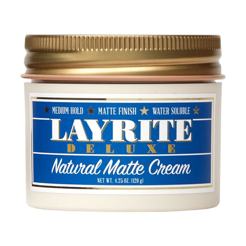Layrite Deluxe Natural Matte Cream styling product in a 4.25oz jar, with a creamy texture and matte finish for versatile hair styling.