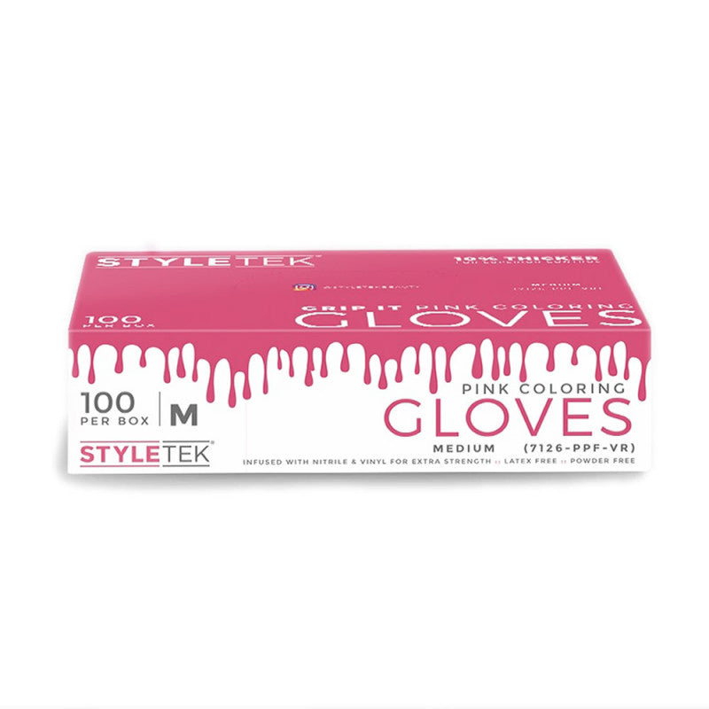 Pink Styletek vinyl gloves, powder-free and small size, shown laid flat for hygiene and protection.