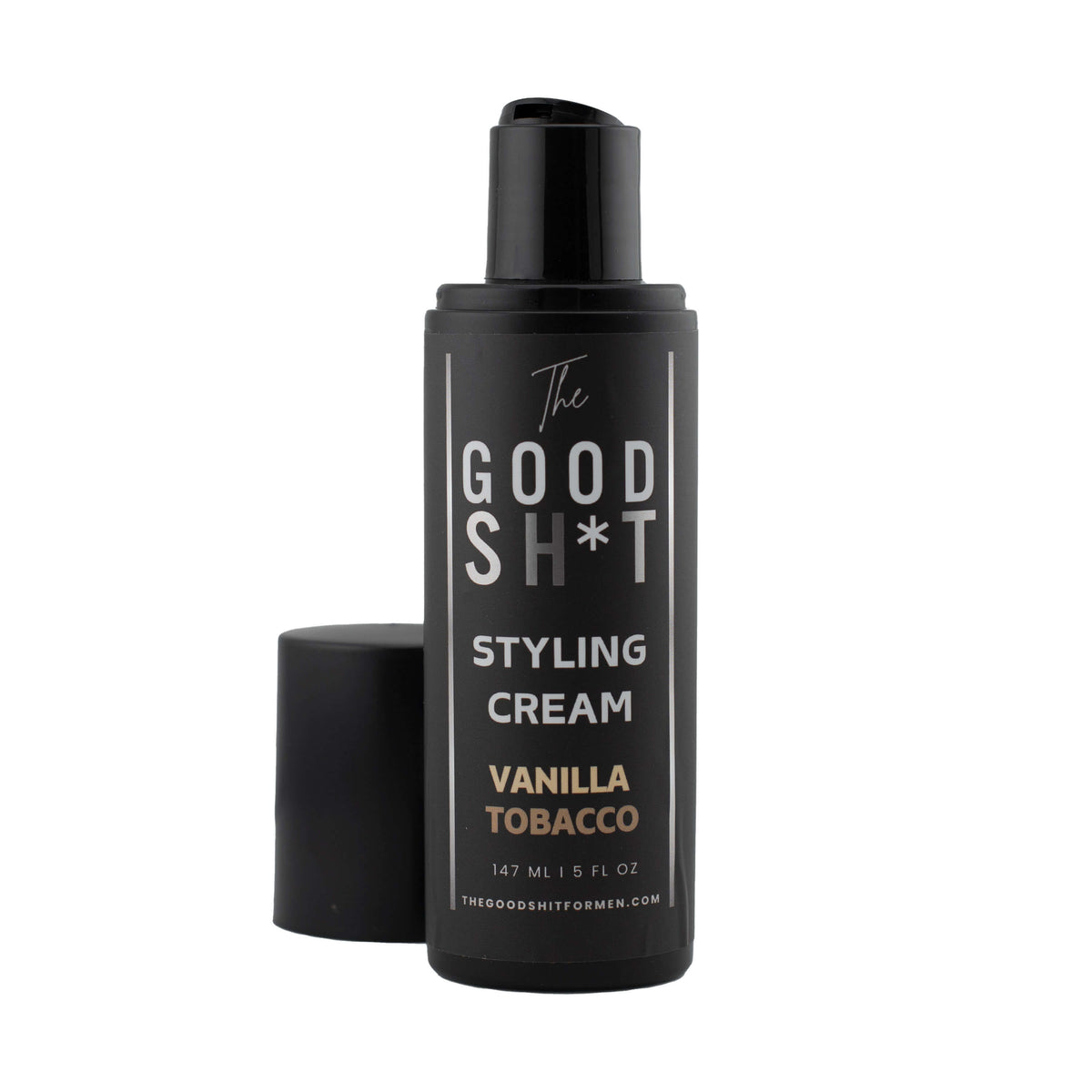 The Good Sh*t men's styling cream in a 5oz jar, with a smooth, creamy texture for hair styling and grooming.