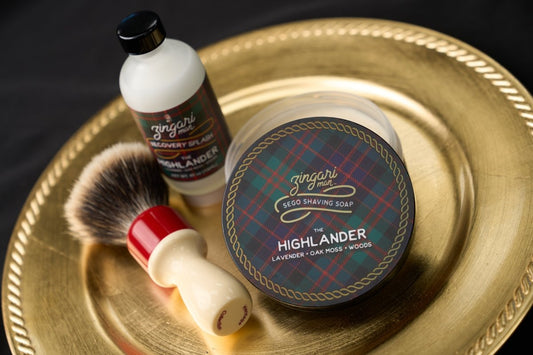 Zingari Man Highlander Shave Soap in a jar, with a textured surface and label, designed for a smooth shave.