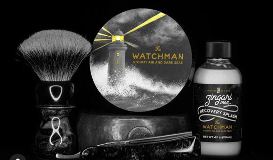 Zingari Man The Watchman shave soap in a jar, showing creamy lather and label, designed for a smooth shave.