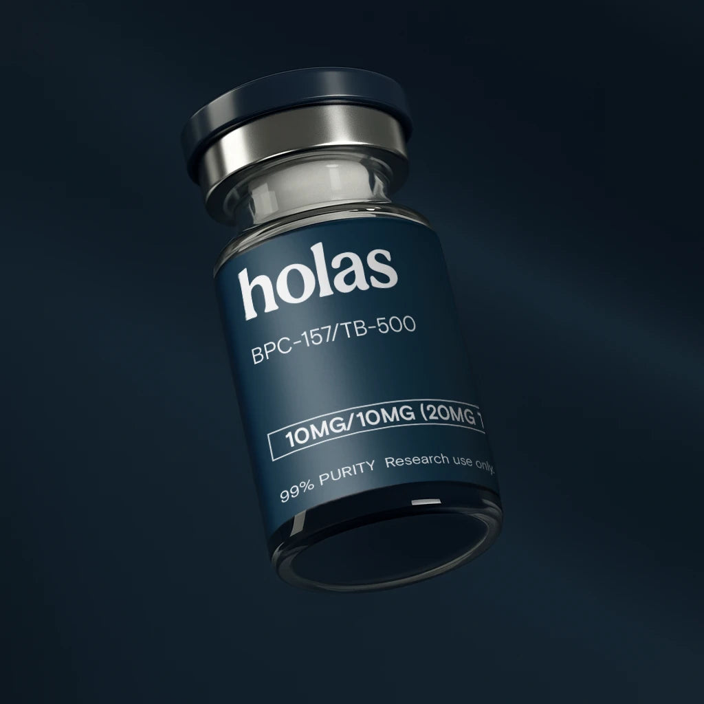 Holas BPC157 and TB500 peptide blend in a clear vial, showcasing the peptide powder for research and laboratory use.