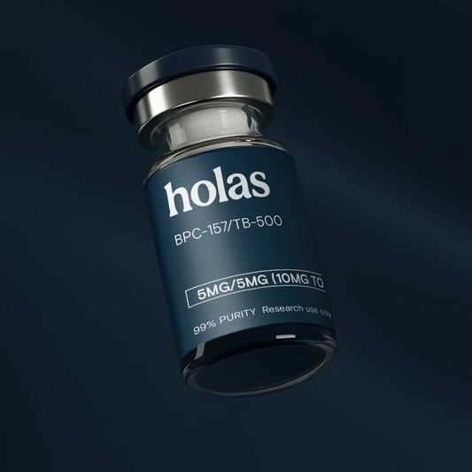 Holas BPC157 and TB500 peptide blend vial showing clear liquid in a small glass ampoule for research use