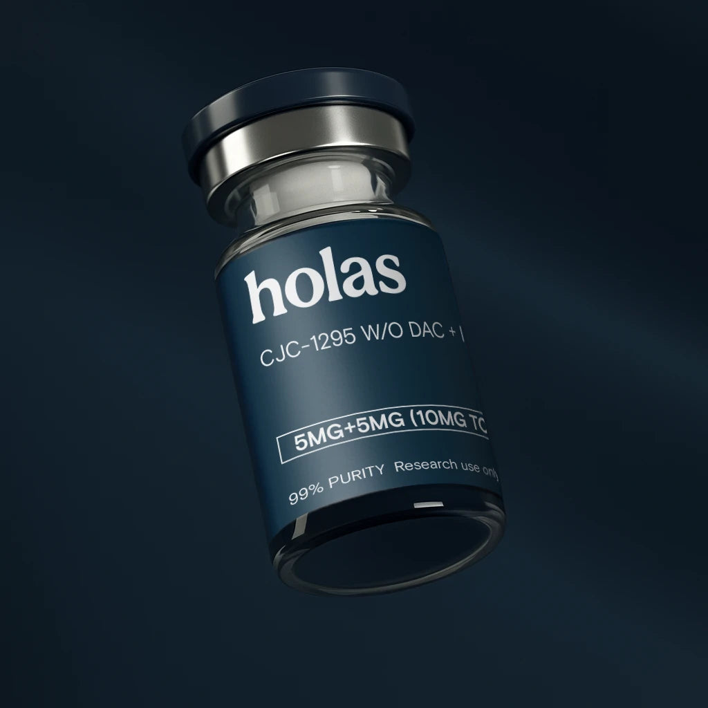 Holas CJC1295 without DAC peptide vial, clear glass ampoule with label, used in peptide therapy and research.