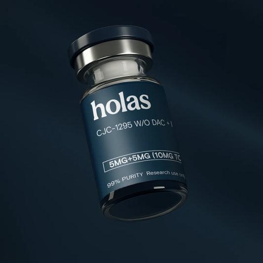 Holas CJC1295 without DAC peptide vial, clear glass ampoule with label, used in peptide therapy and research.