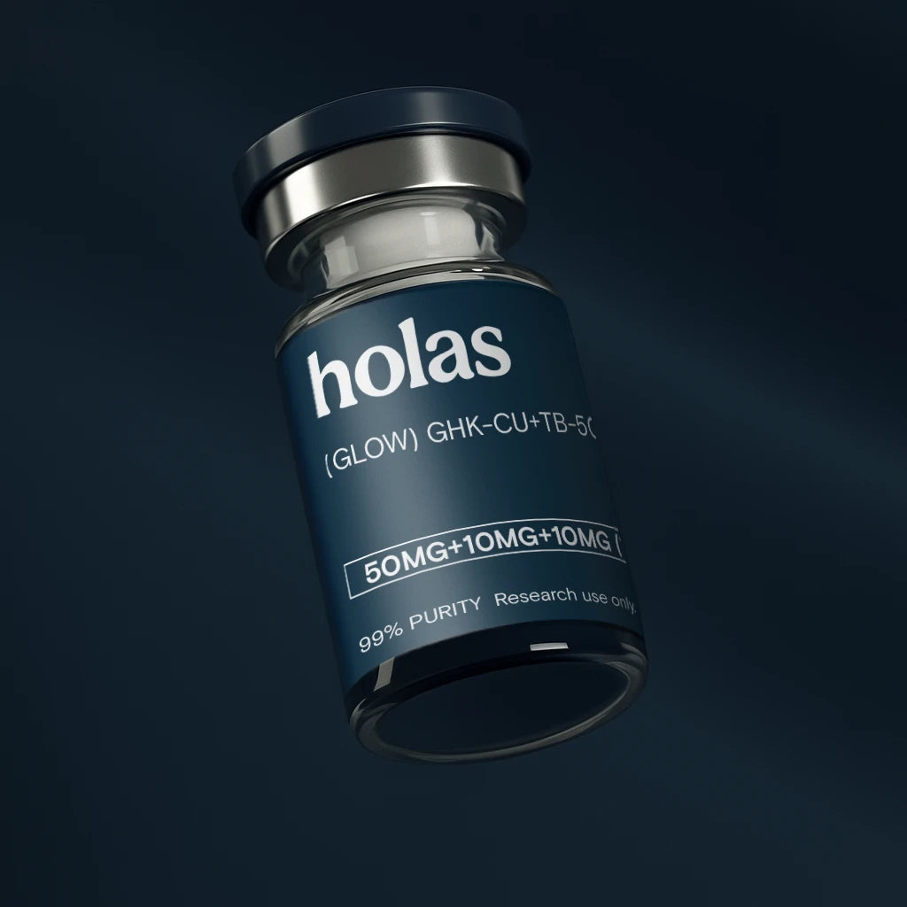 Holas Glow 70mg peptide supplement bottle with label, showcasing the Holas brand and peptide product details.