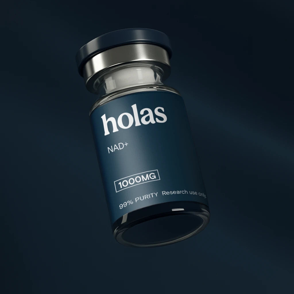Holas NAD+ peptide supplement bottle with label, showing clear branding and peptide product details.