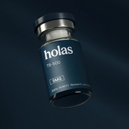 Holas TB-500 peptide vial showing the label and clear liquid, used for research and peptide studies.