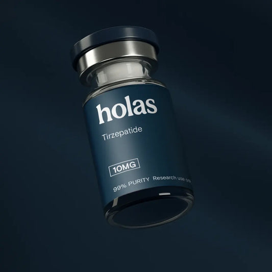 Holas Tirzepatide peptide vial, a pharmaceutical peptide product, with clear labeling and sealed packaging.