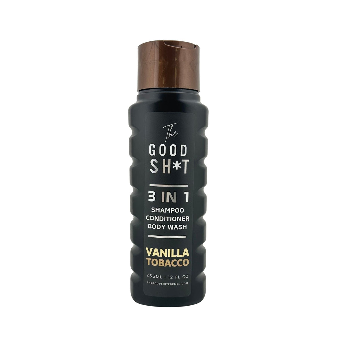 The Good Sh*t 3-in-1 shampoo, conditioner, and body wash in 12oz bottle, men's grooming product with sleek packaging.