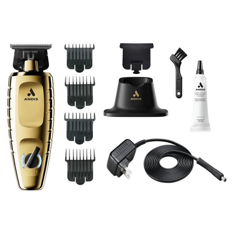 Andis GTX-EXO II Trimmer in gold with precision blades, compact design, and included accessories for professional grooming.