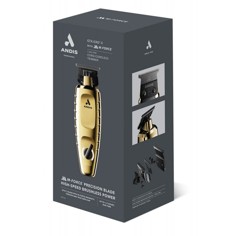 Andis GTX-EXO II Gold trimmer for grooming, shown in packaging, with a sleek gold finish and ergonomic design.
