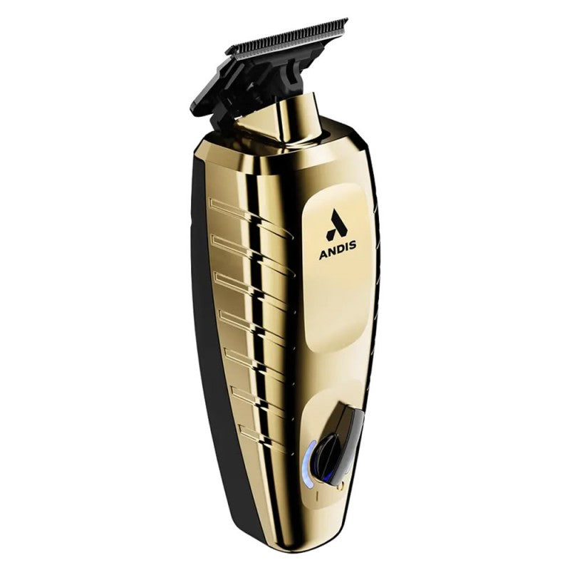 Andis GTX-EXO II Gold trimmer with dual blades and ergonomic design, shown in a close-up image highlighting its professional grooming features.