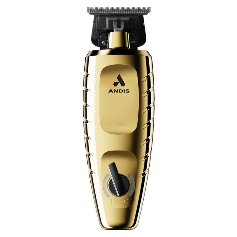 Andis GTX-EXO II Trimmer in gold, professional grooming tool with straight cutting blades, close-up front view.