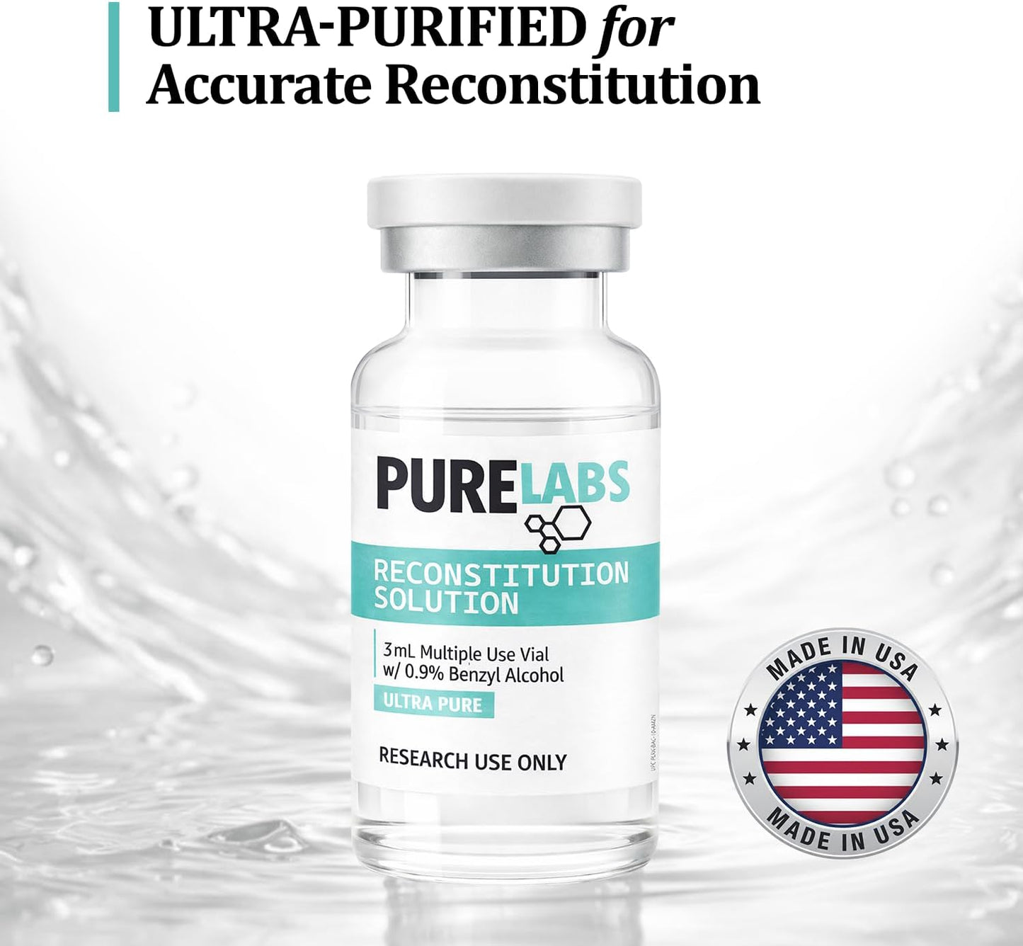 Holas reconstitution solution 3ml peptide vial with clear liquid and label, suitable for medical or laboratory use