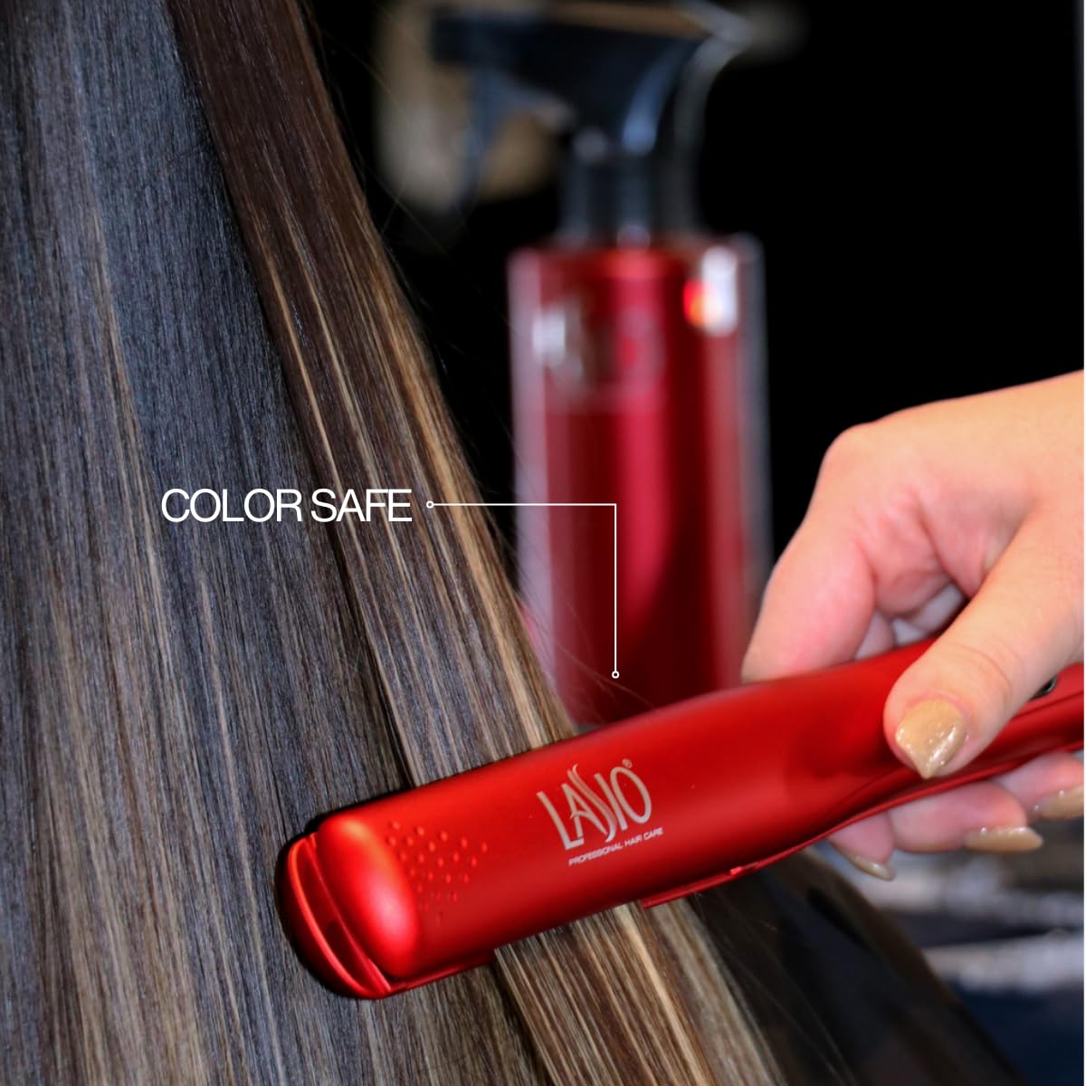 Lasio ProStraight ceramic flat iron 1-inch straightener with sleek design and ceramic plates for smooth, straight hair.