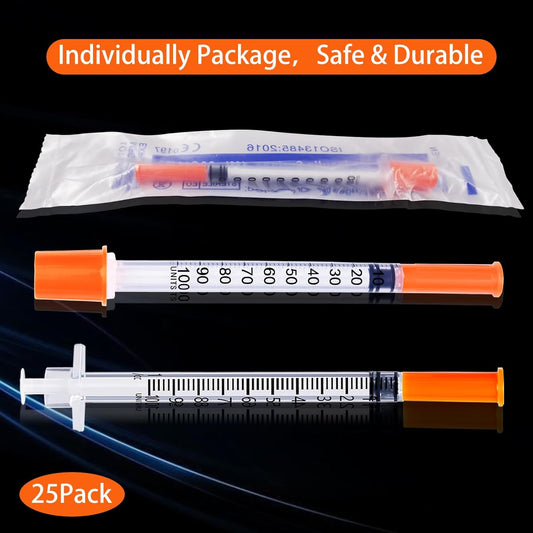 Set of 25 individually wrapped 1ML Holas 29G peptide syringes with 5/16-inch needles, suitable for precise injections.
