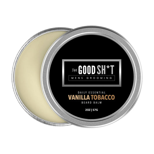 Beard balm in a 2oz tin featuring vanilla and tobacco scent from The Good Sh*t Mens Grooming beard products collection.