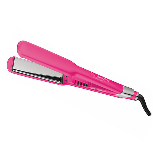 Babyliss Pro Nano Titanium Ultra-Sleek 1.5-inch straightener in hot pink, with smooth plates and ergonomic design.