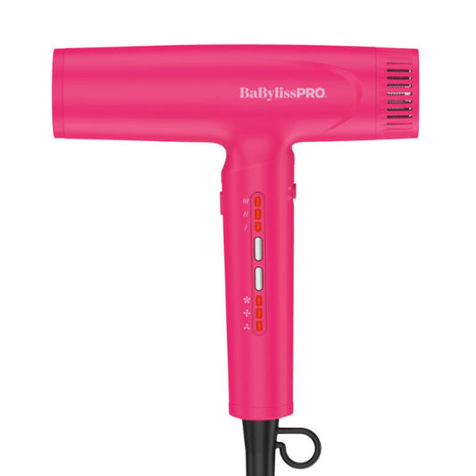 Babyliss Pro Nano Light Ionic High-Speed Hair Dryer in hot pink with sleek design and concentrator nozzle attachment.