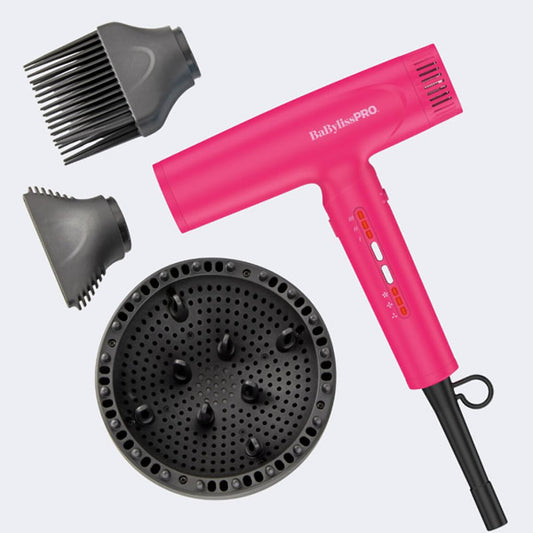 BabylissPro Nano Light Ionic High-Speed Hair Dryer in hot pink with sleek design and advanced drying technology.