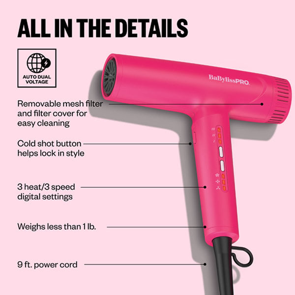 BABYLISSPRO NANO LIGHT IONIC HIGH-SPEED DRYER - HOT PINK (#BNTC9200HP)