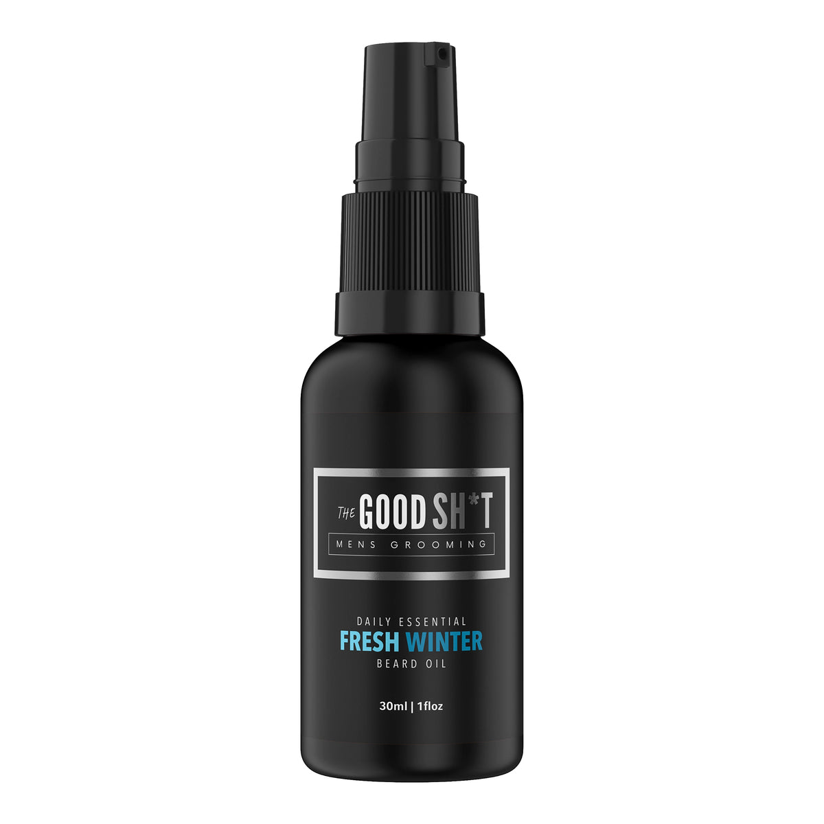Beard oil from The Good Sh*t Men's Grooming, 1 oz bottle with dropper, featuring a sleek black and white label design.